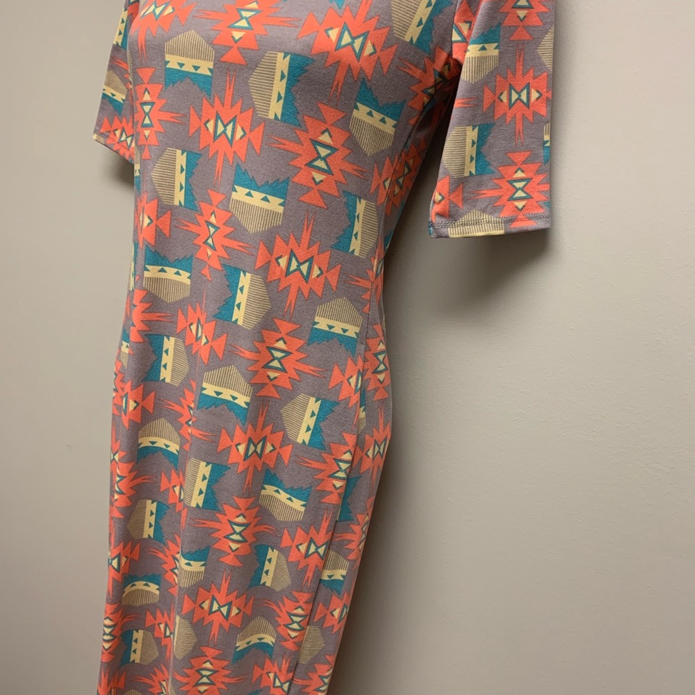 LuLaRoe XXS JULIA Dress Grey Turquoise Pink Aztec - Picture 4 of 6